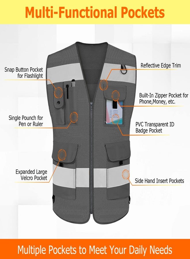 TCCFCCT Mesh Work Vest for Men Women 9 Pockets High Visibility Safety Vest with Reinforced Sewing, Hi Vis Reflective Vest for Workers, Surveyors, Meets ANSI/ISEA, (Grey, 4X-Large) - Image 3